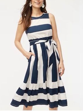 J. Crew Navy and White Striped Sleeveless Midi Dress with Waist Tie